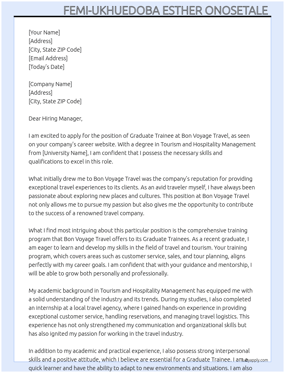 Graduate Trainee At Bon Voyage Travel Cover Letter