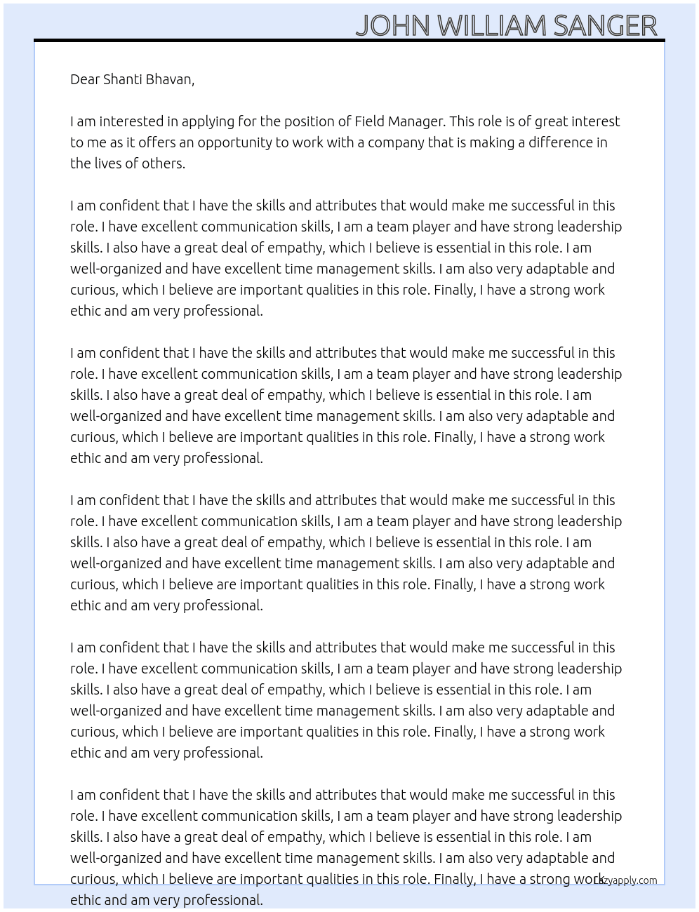 Field manager  At Shanti bhavan  Cover Letter