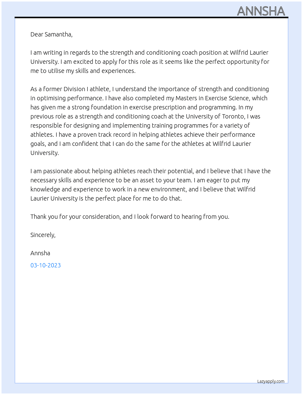 Strength and conditioning coach At Wilfrid Laurier University Cover Letter