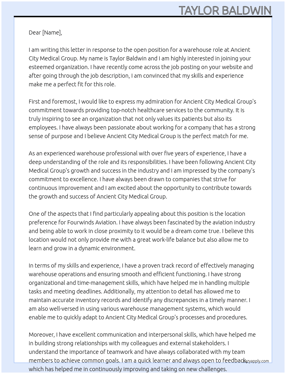 warehouse At Ancient City Medical Group Cover Letter