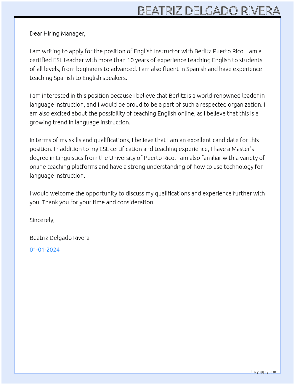 English instructor At Berlitz Puerto Rico  Cover Letter