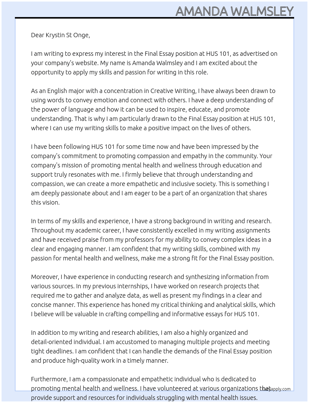 Final Essay At HUS 101 Cover Letter