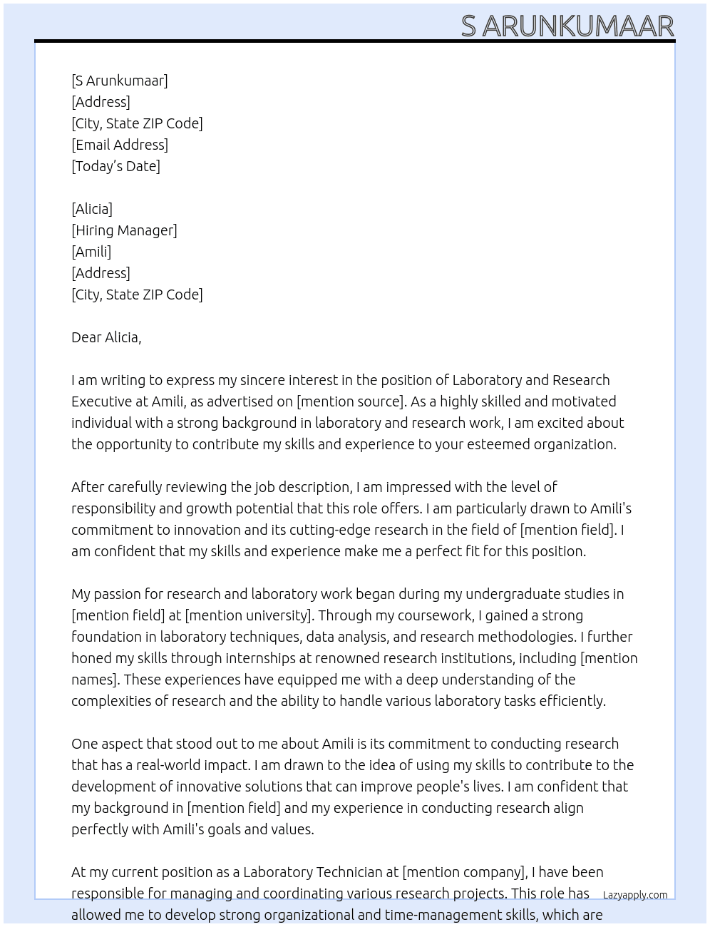 Laboratory and Research Executive At Amili Cover Letter