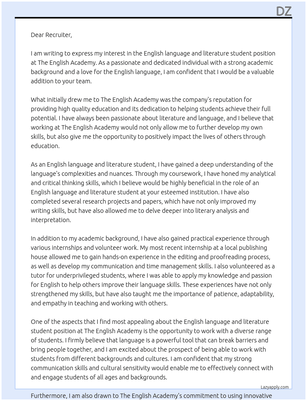 English language and literature student At The English Academy Cover Letter