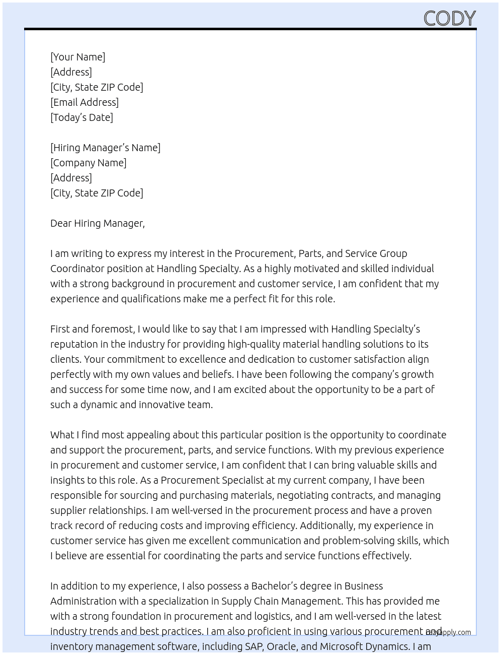 Procurement, Parts, and Service Group Coordinator At Handling Specialty Cover Letter