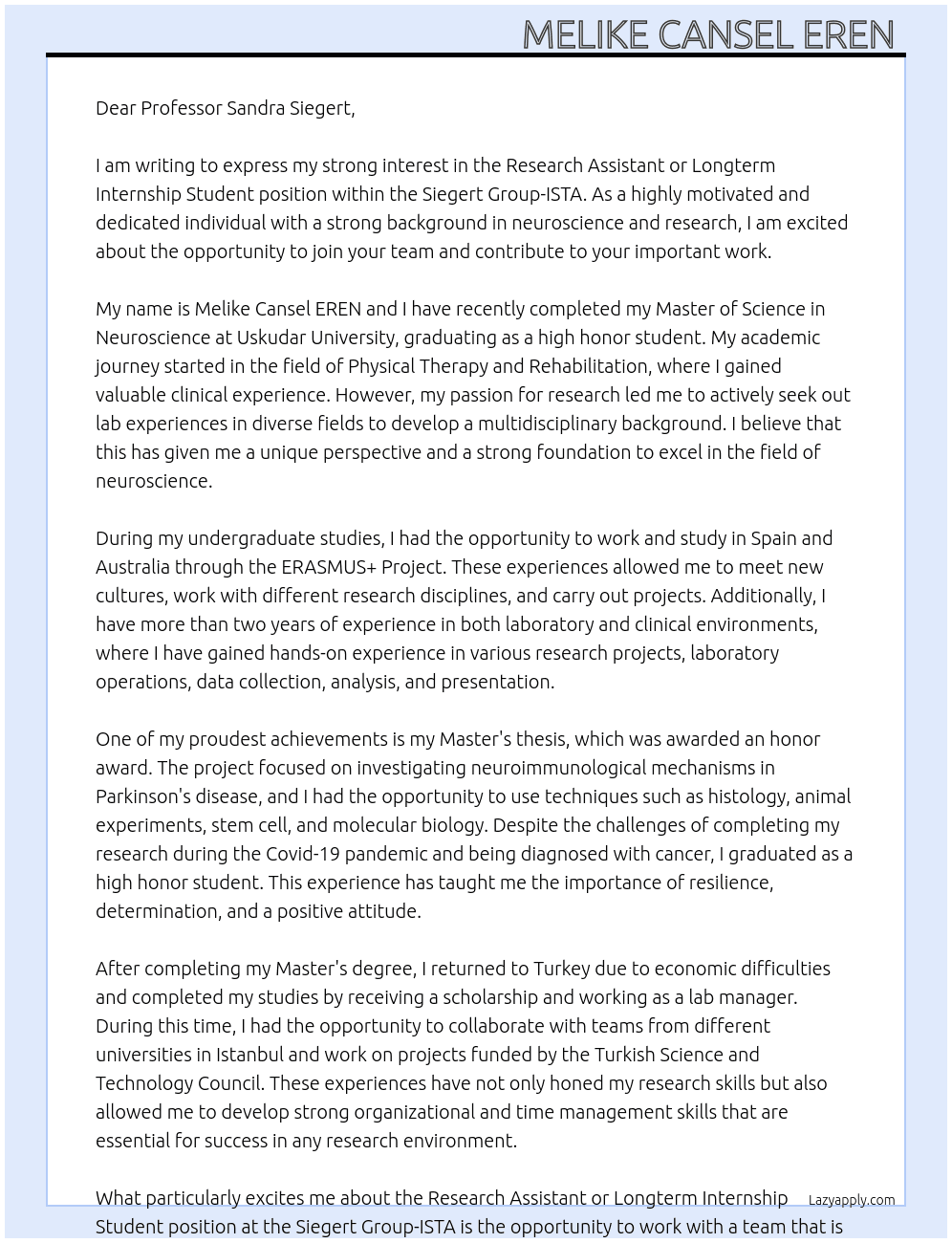 Research Assistant or Longterm Intership Student At Siegert Group- ISTA Cover Letter