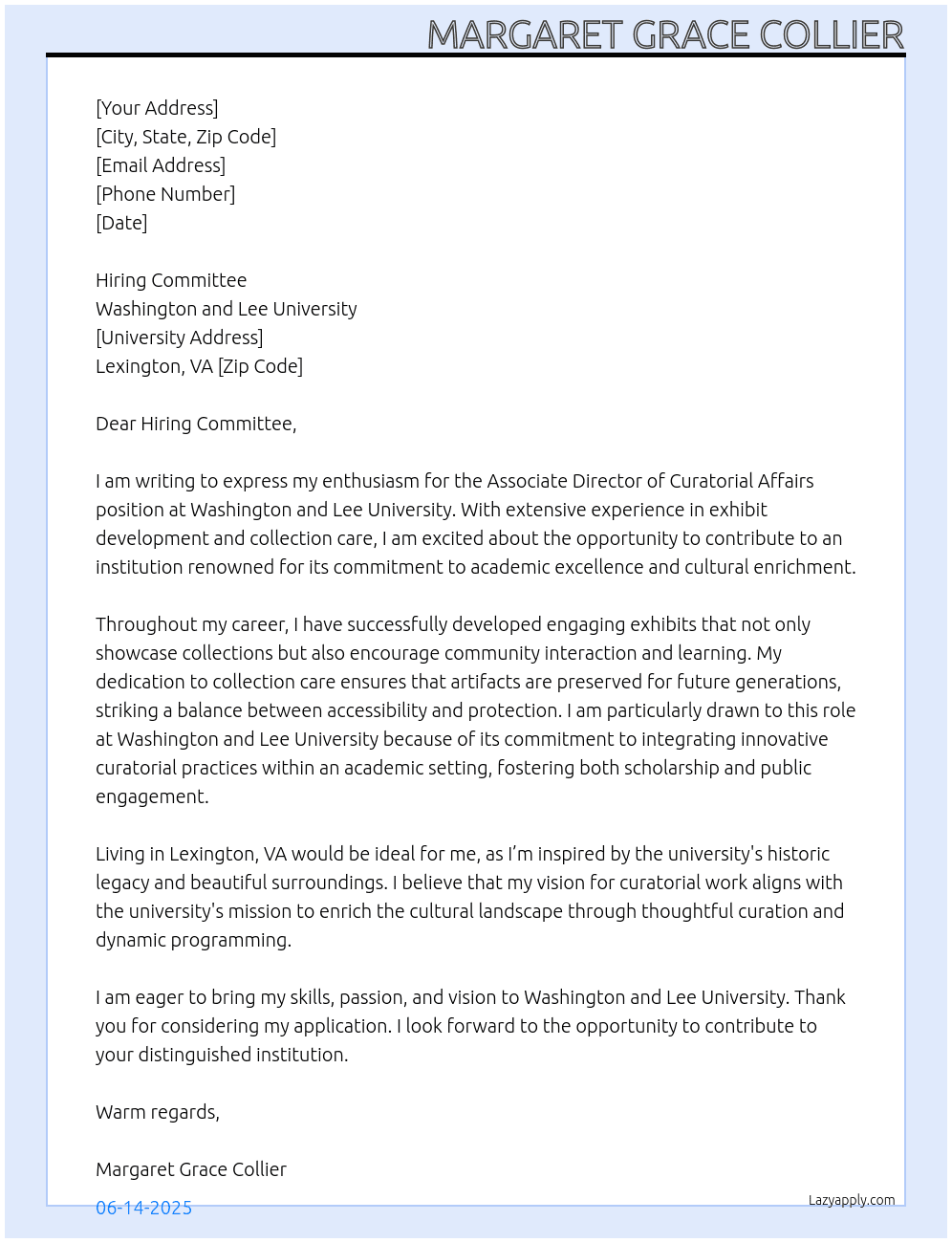 Cover letter for associate director of curatorial affairs - LazyApply