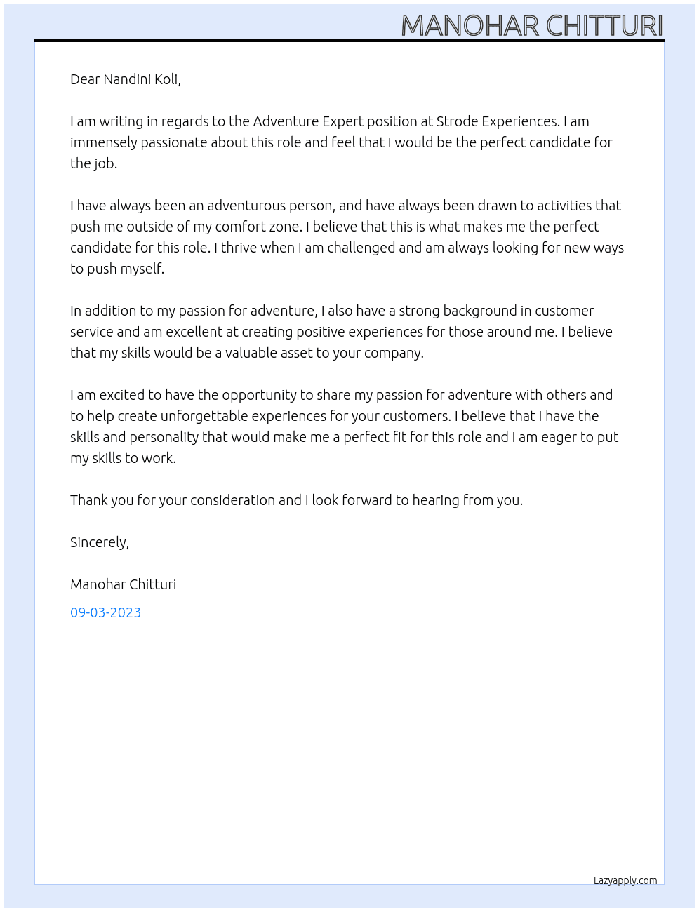 Adventure expert At Strode experiences Cover Letter