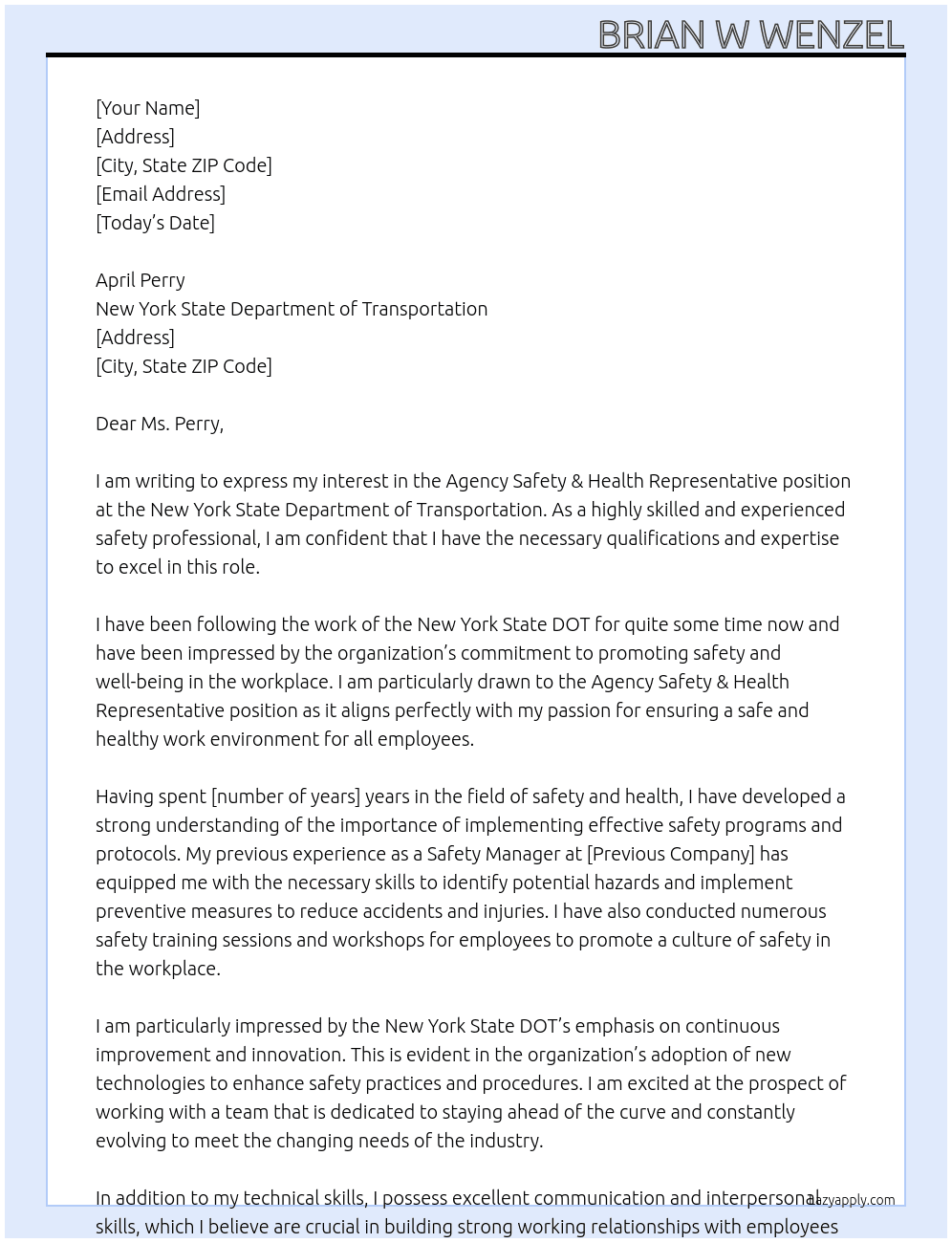 Agency Safety & Health Representative At New York State DOT Cover Letter