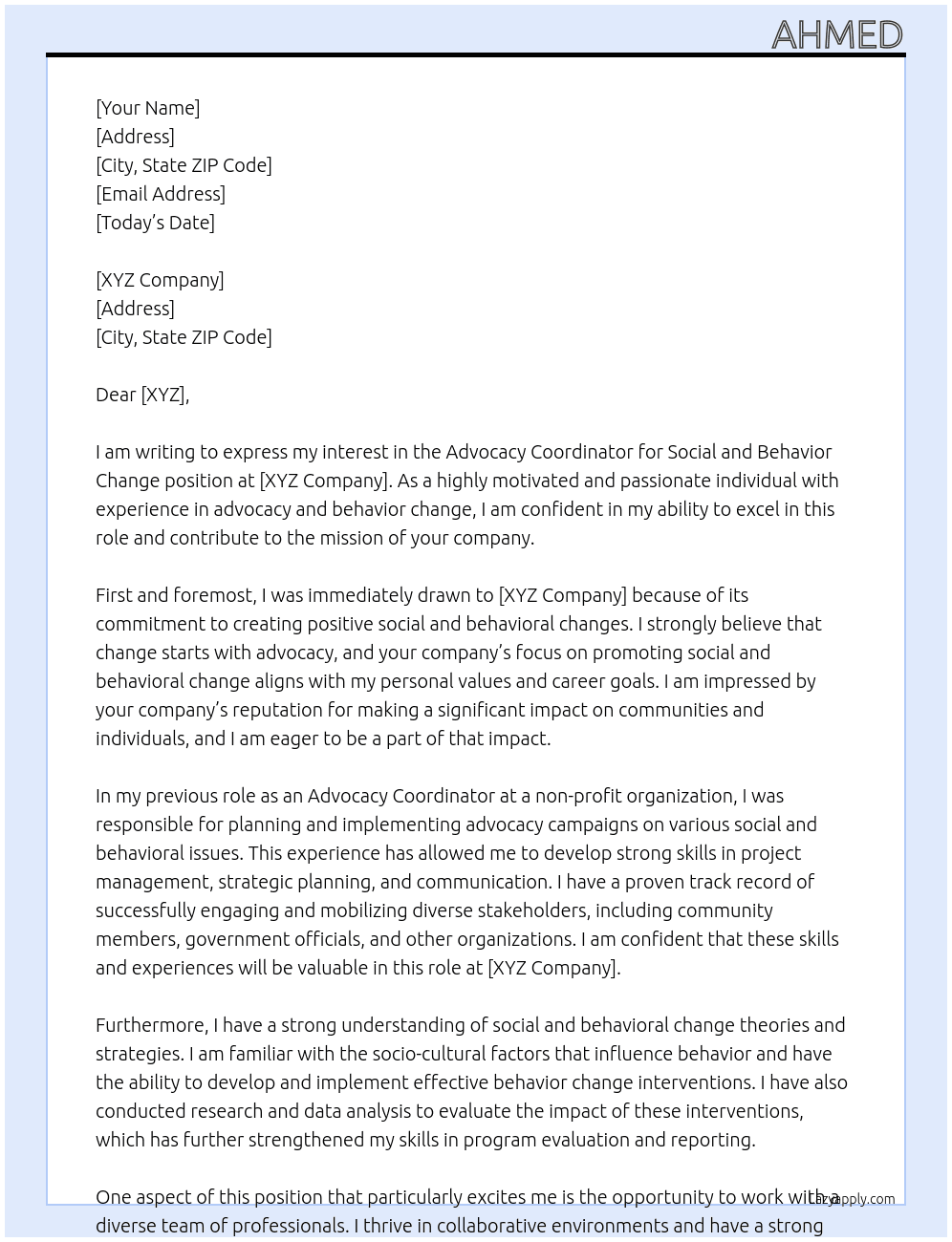 Cover letter for advocacy cordinator for social and  behavior change - LazyApply