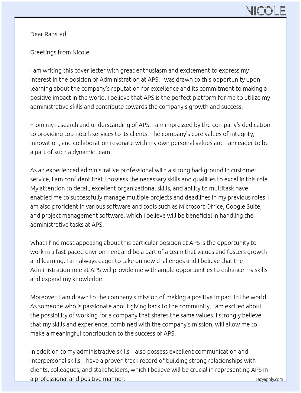 ADMINISTRATION  At APS  Cover Letter