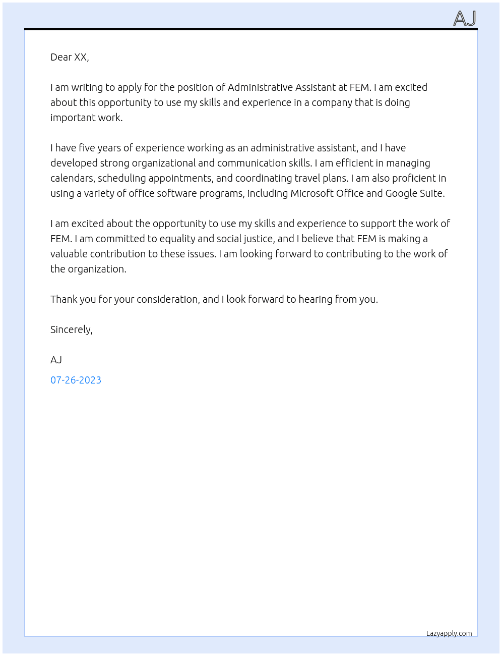 administrative assistant At FEM Cover Letter