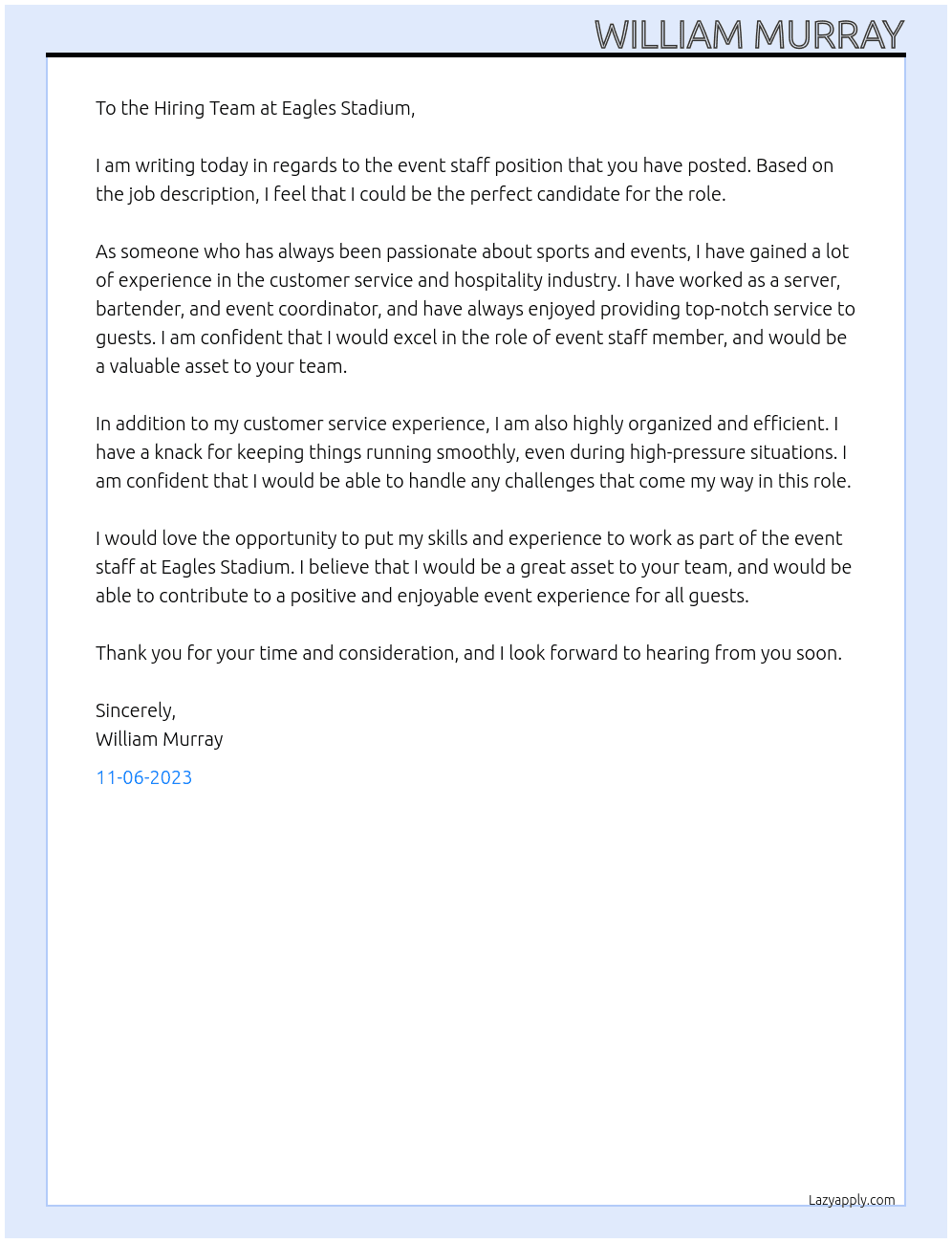 event staff At eagles stadium Cover Letter