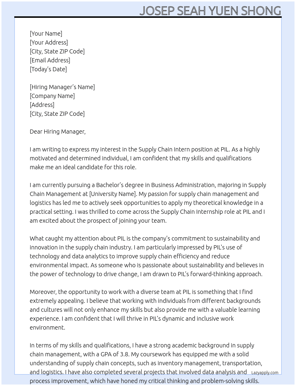 supply chain intern  At PIL  Cover Letter