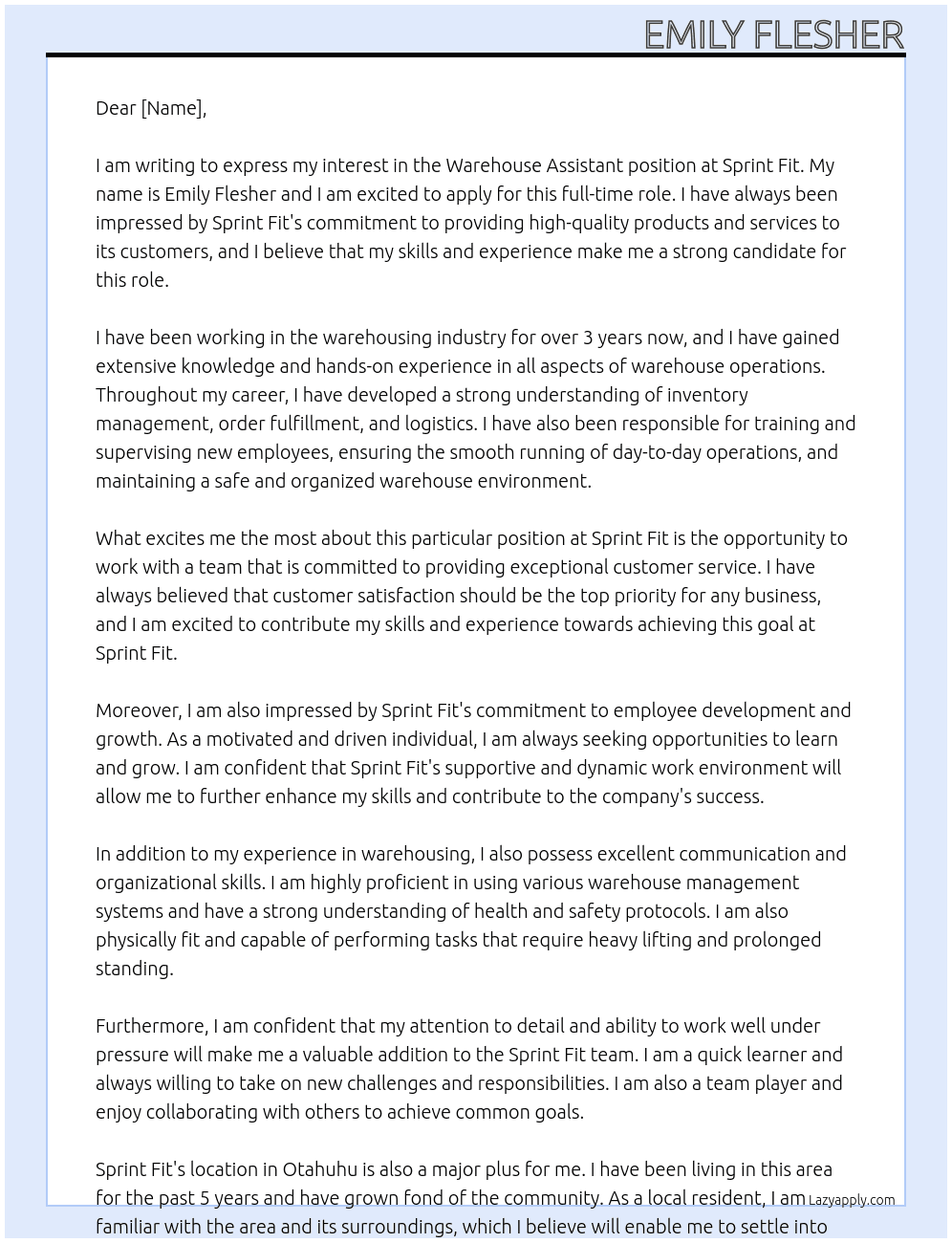 warehouse assistant At Sprint Fit Cover Letter