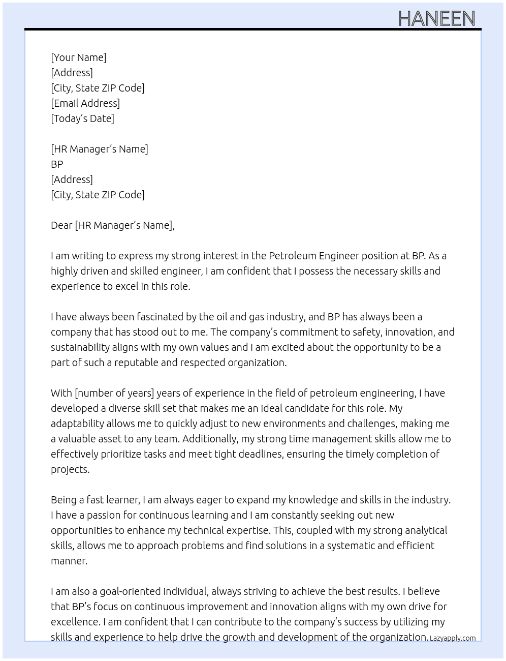 Petroleum engineer At BP Cover Letter