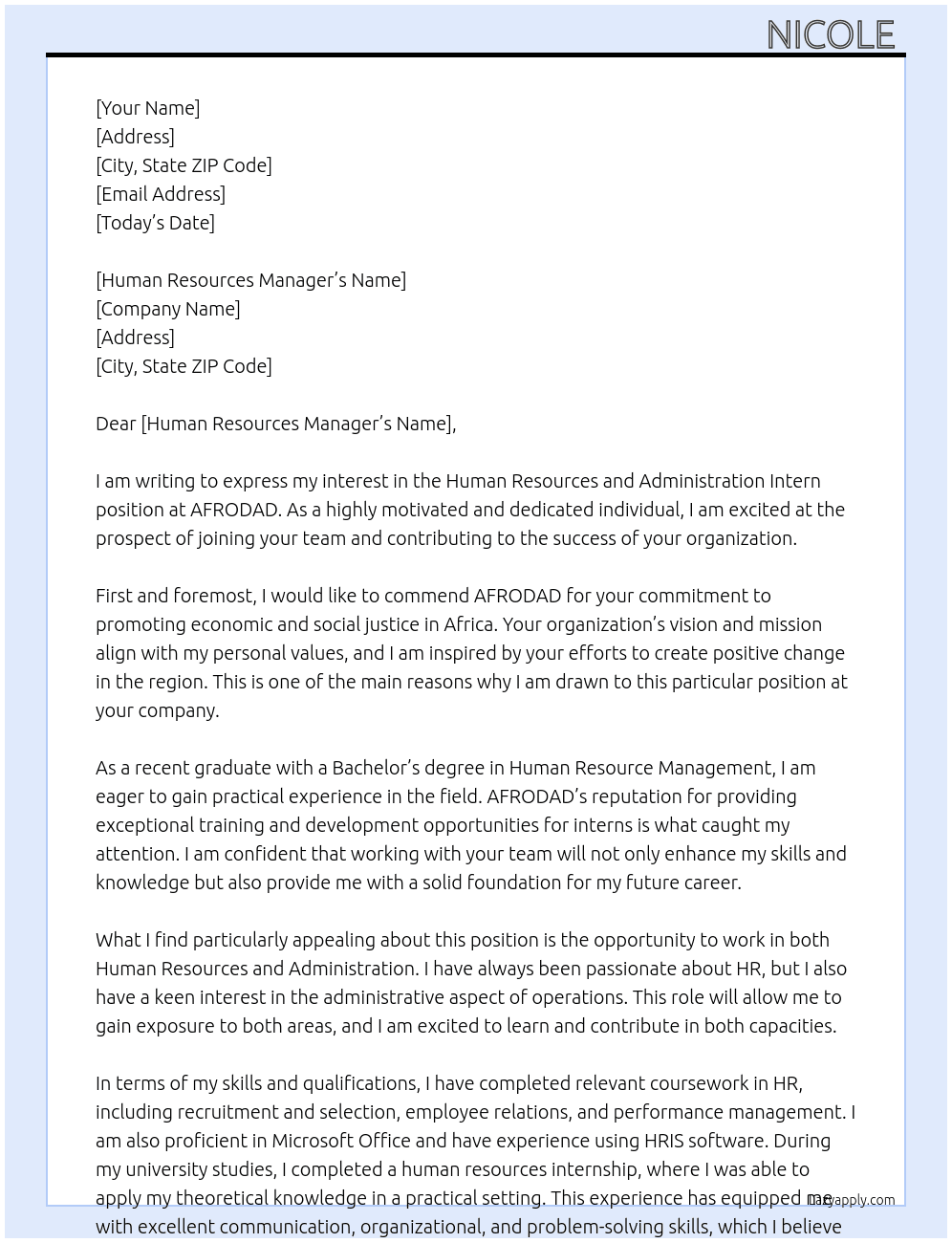 Human Resources and administration intern  At AFRODAD Cover Letter