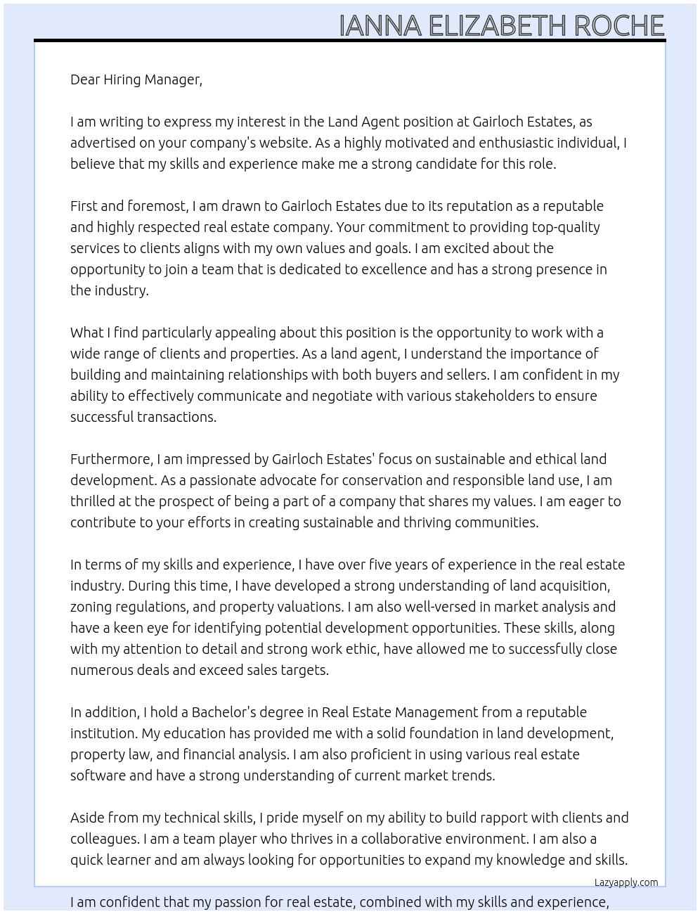 Land Agent At Gairloch Estates Cover Letter