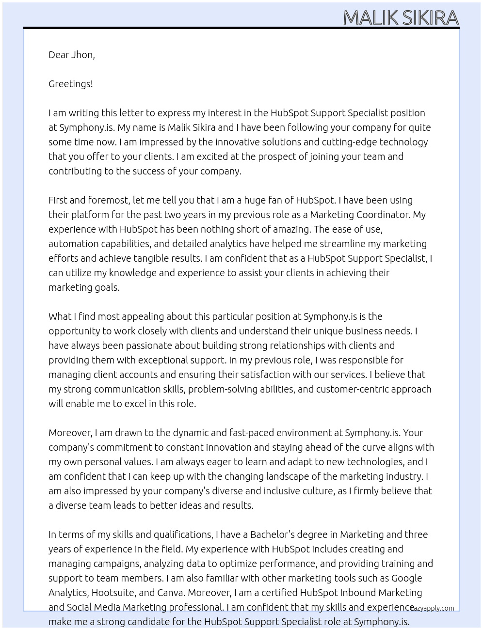 HubSpot Support Specialist At Symphony.is Cover Letter