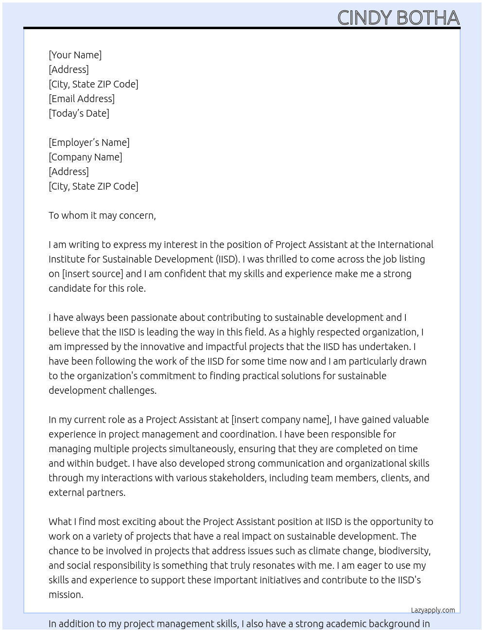 Project assistant At International Institute for Sustainable Development (IISD)  Cover Letter