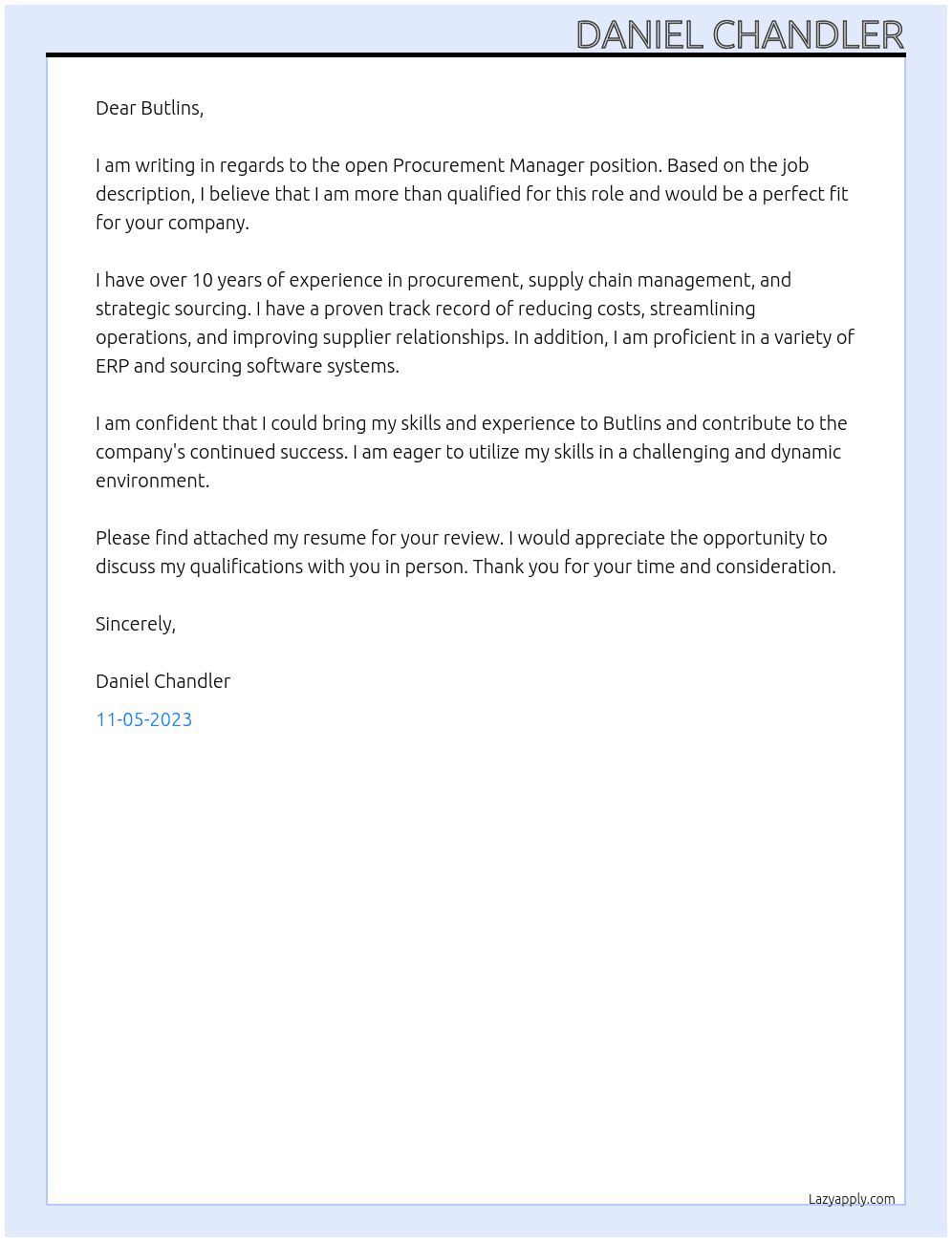 Procurement manager At Butlins Cover Letter