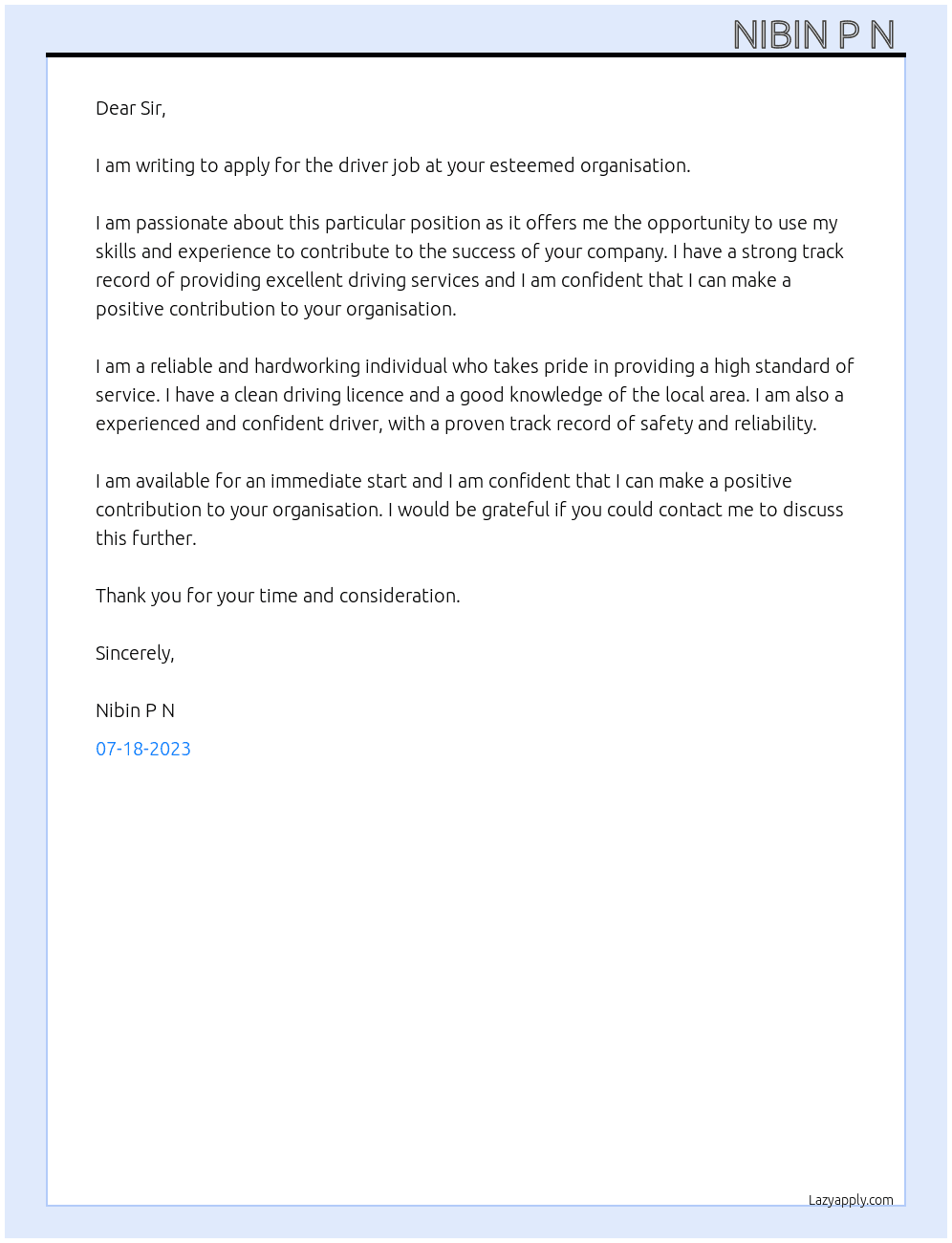 Driver jobs At Esteemed organisation  Cover Letter