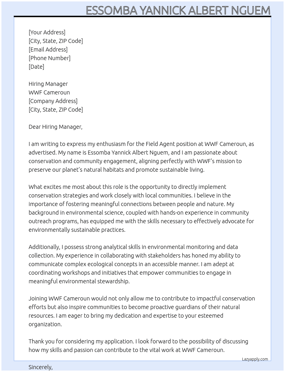 field qgent At wwf cameroun Cover Letter