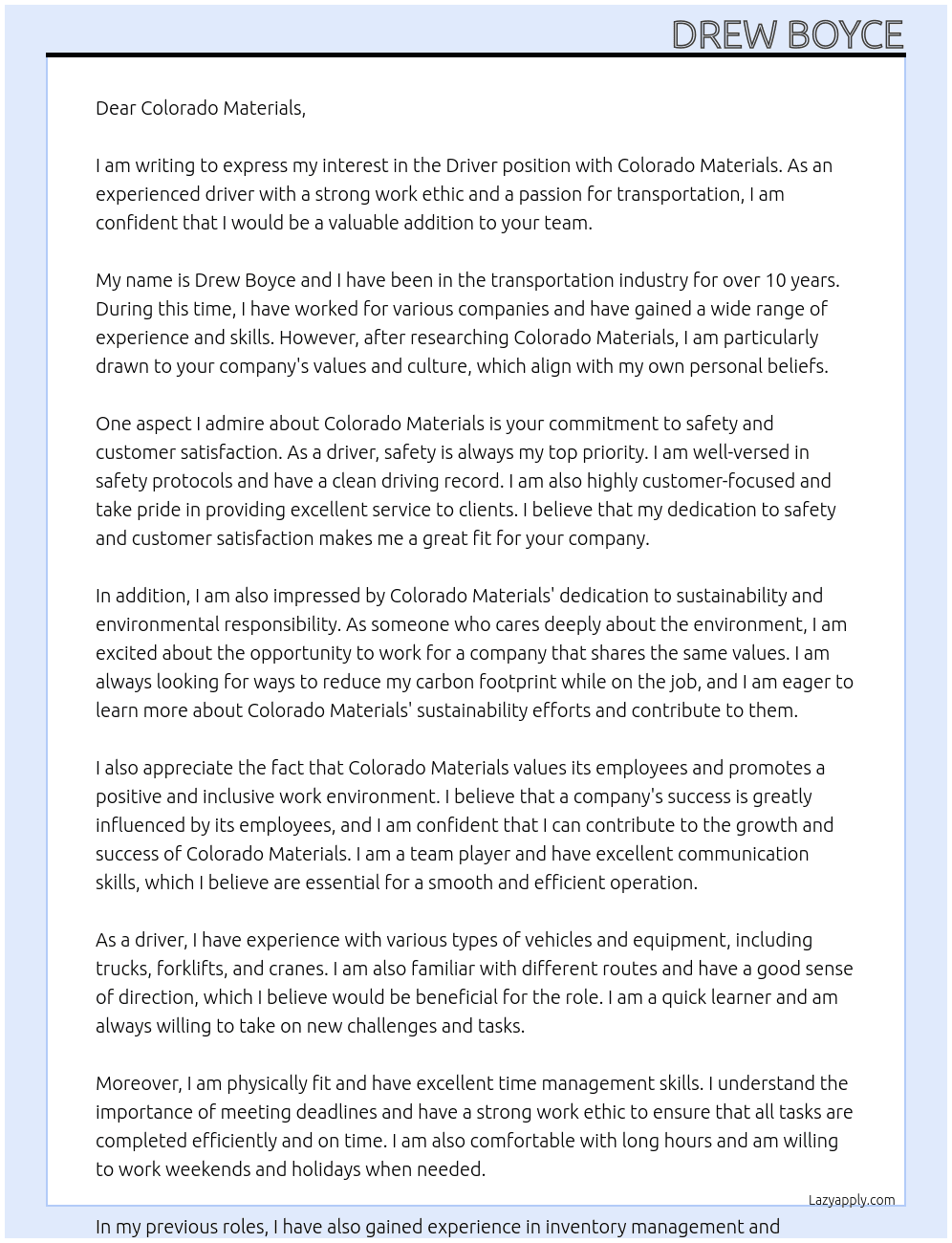 Driver At Colorado Materials Cover Letter