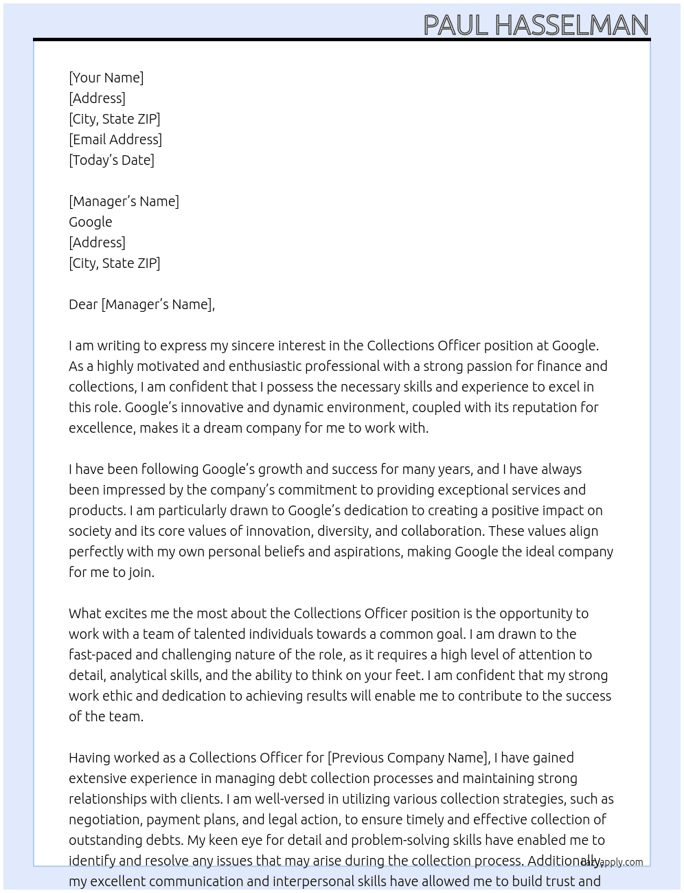 Collections Officer At Google  Cover Letter