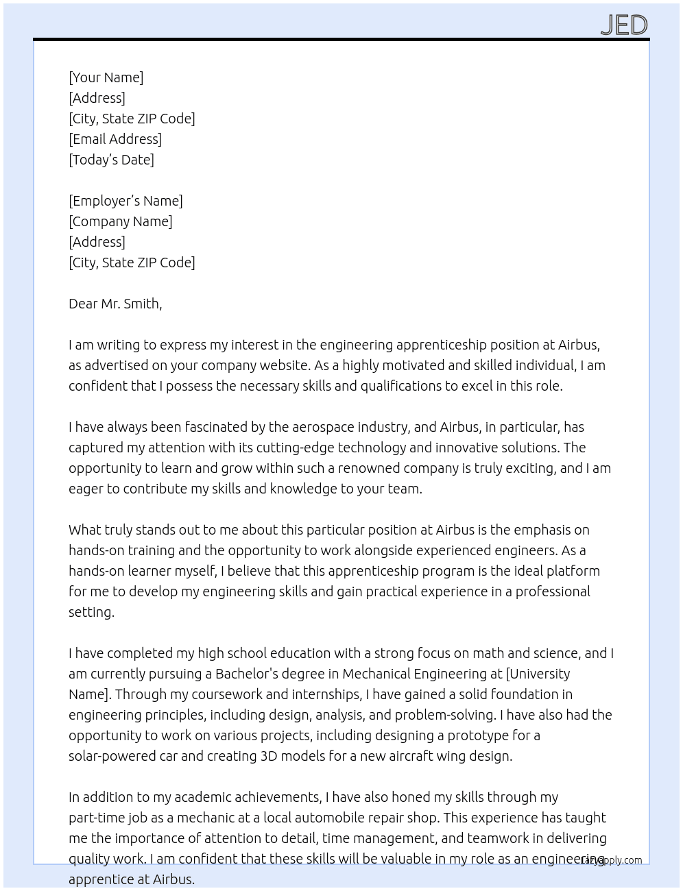 engineering apprenticeship At Airbus Cover Letter