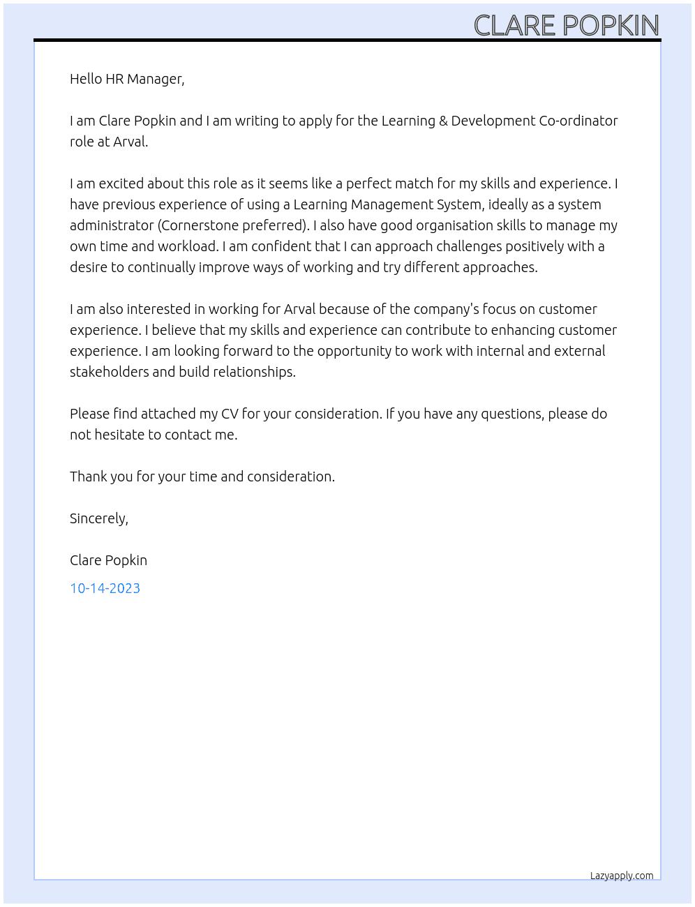 Learning & Development Co-ordinator  At Arval Cover Letter