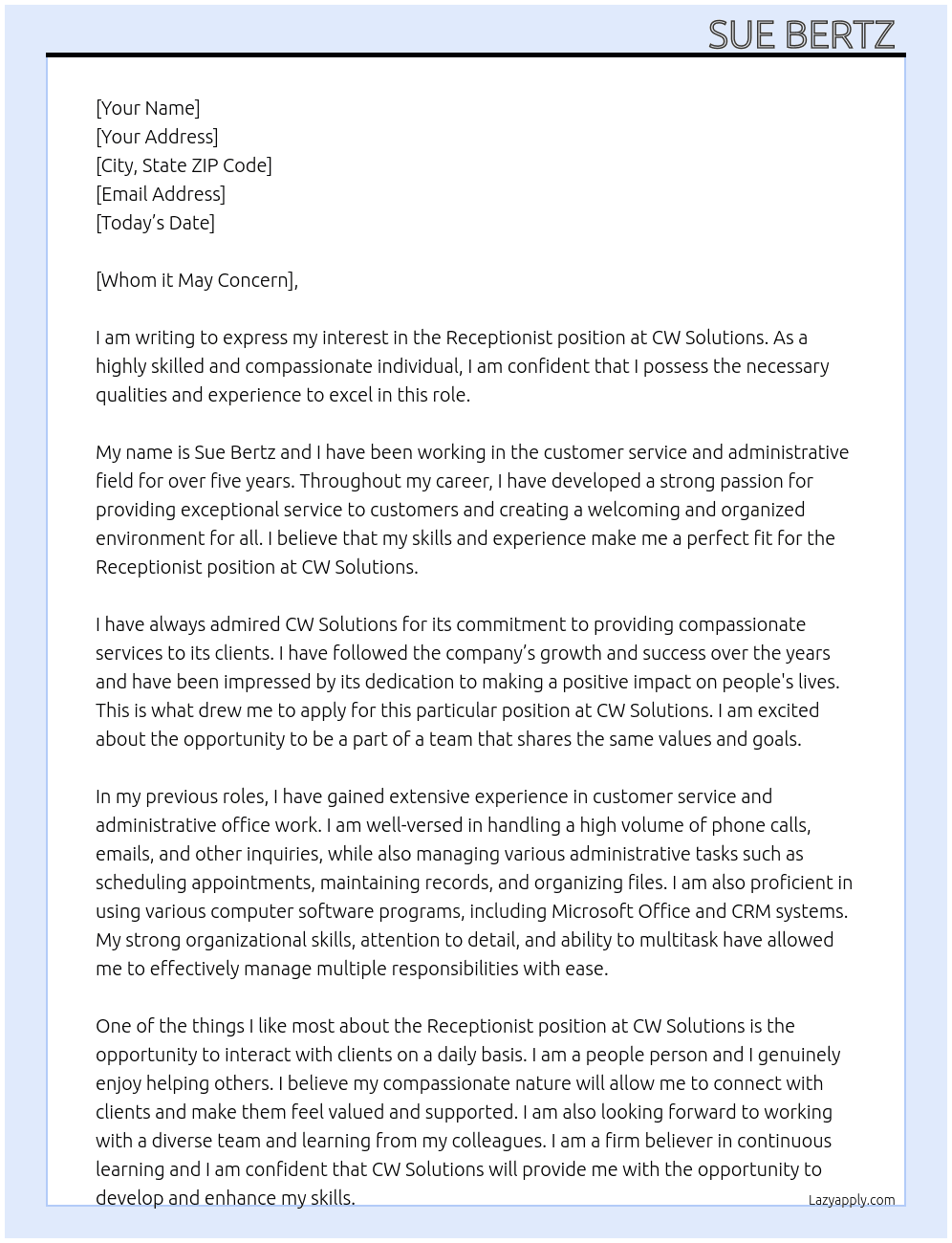 Receptionist  At CW Solutions  Cover Letter