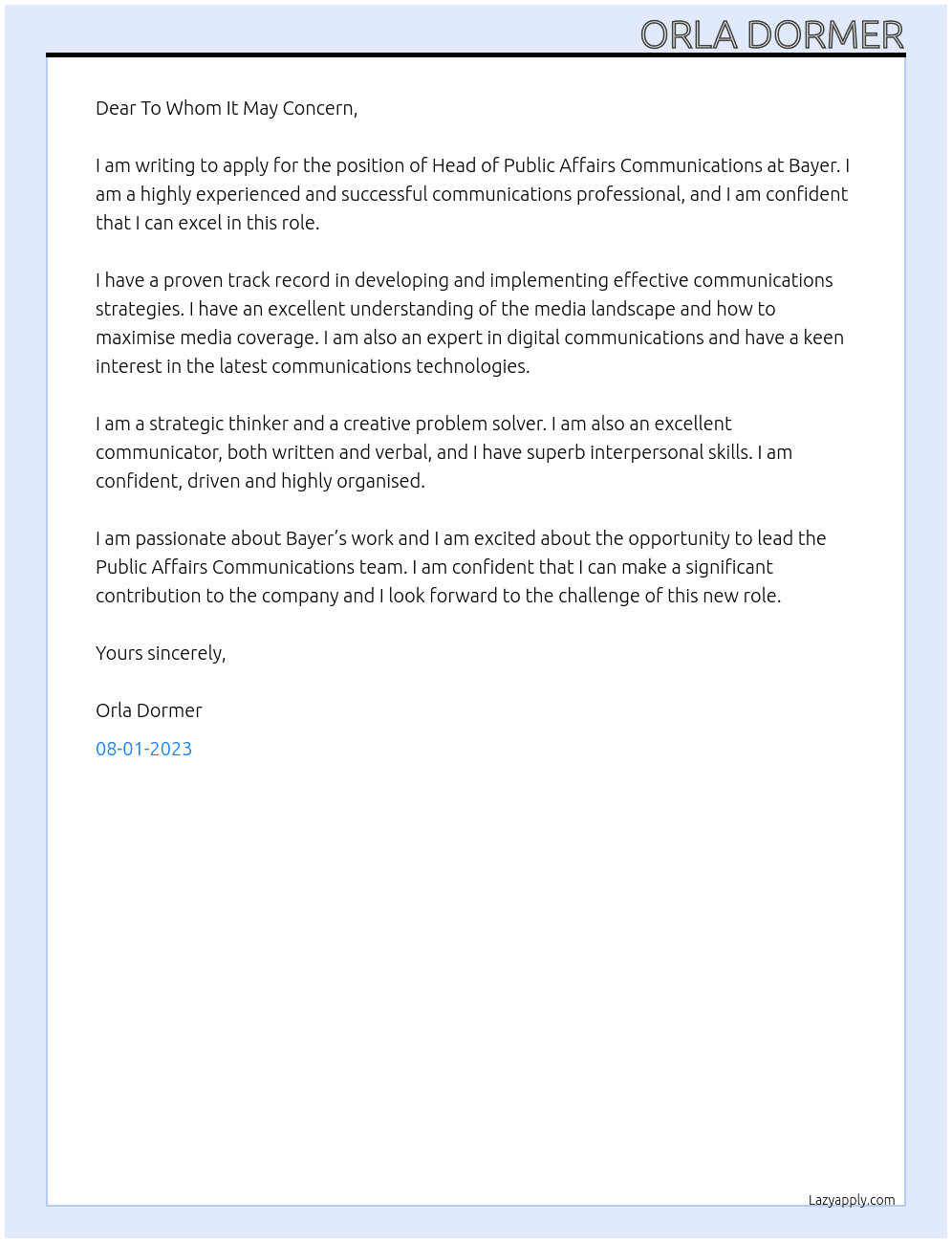 Head of Public Affairs Communications At Bayer Cover Letter