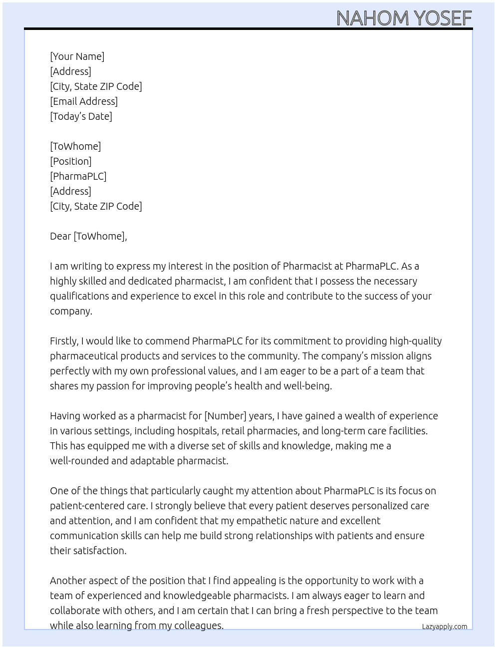 Pharmacist At PharmaPLC Cover Letter