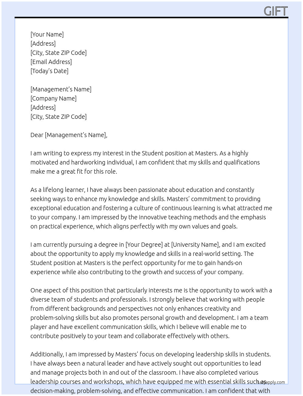 student At masters Cover Letter