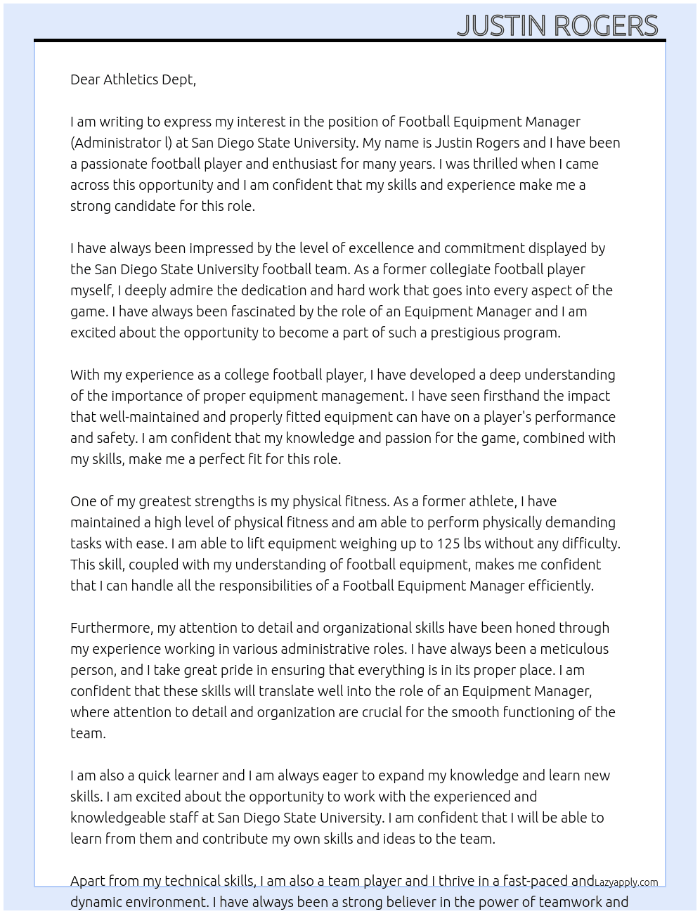 Football Equipment Manager (Administrator l) At San Diego State University  Cover Letter