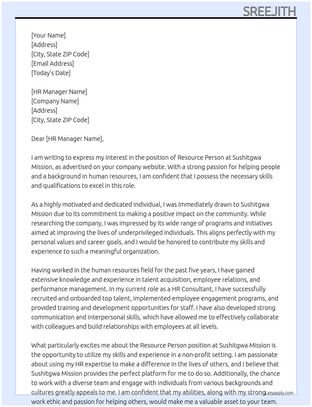 Resource person  At Sushitgwa mission  Cover Letter