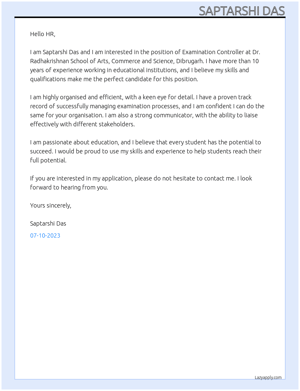 Examination Controller At Dr. Radhakrishnan School of Arts, Commerce and Science, Dibrugarh. Cover Letter