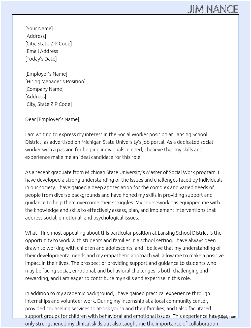 social worker At Lansing School Distrit Cover Letter