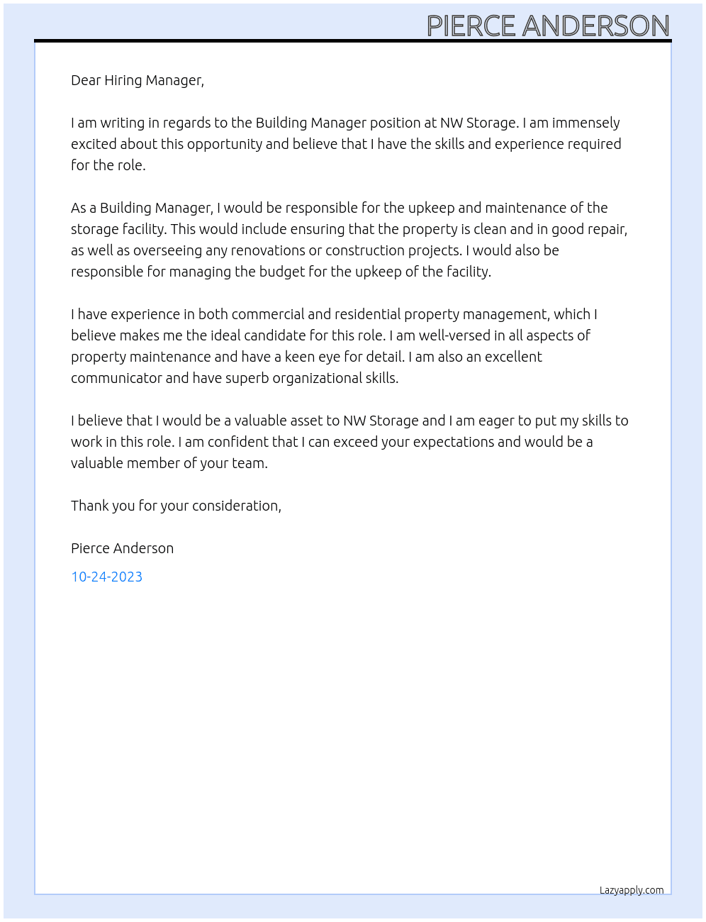 Building Manager At NW Storage Cover Letter