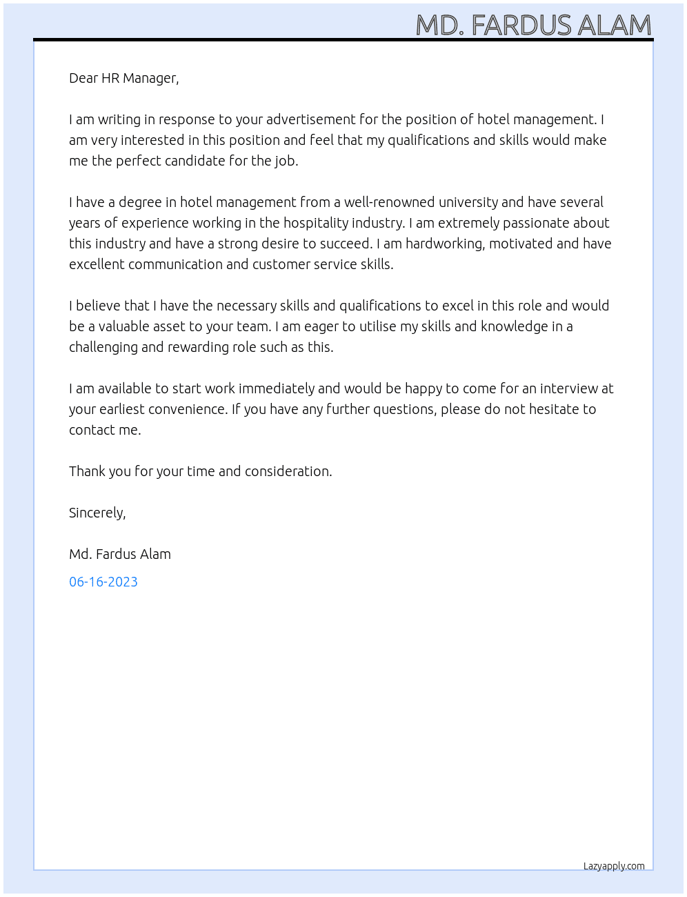 Hotel Management  At Hotel  Cover Letter