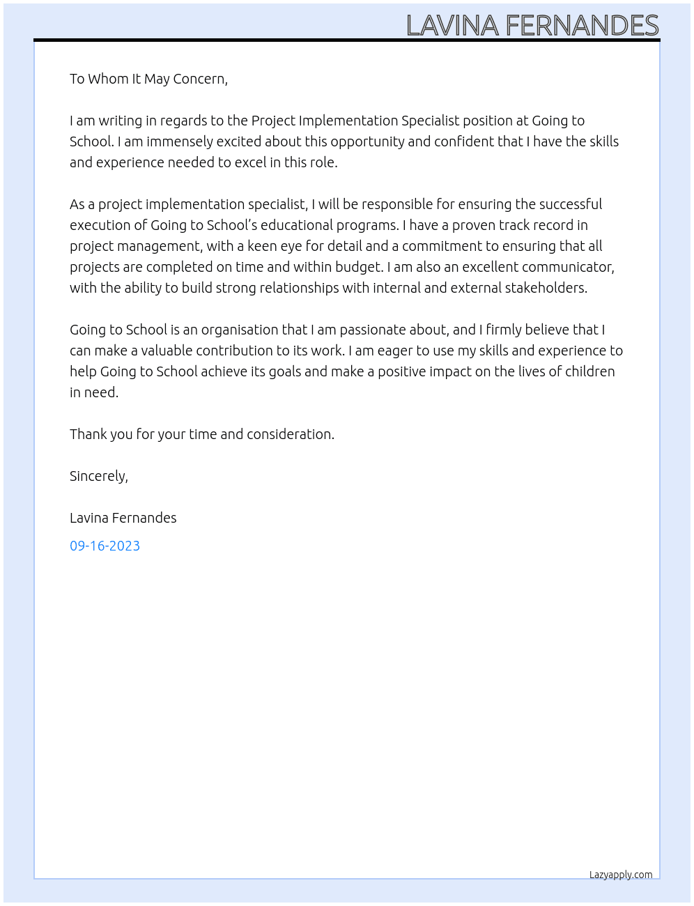 project implementation specialist At going to school Cover Letter