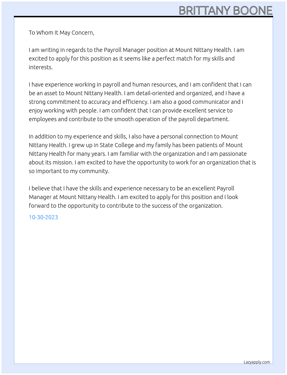 Payroll Manager At Mount Nittany Health Cover Letter