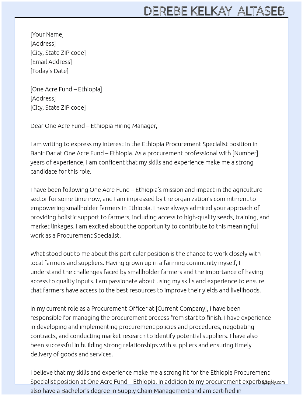 Ethiopia Procurement Specialist - Bahir Dar  At One Acre Fund - Ethiopia Cover Letter
