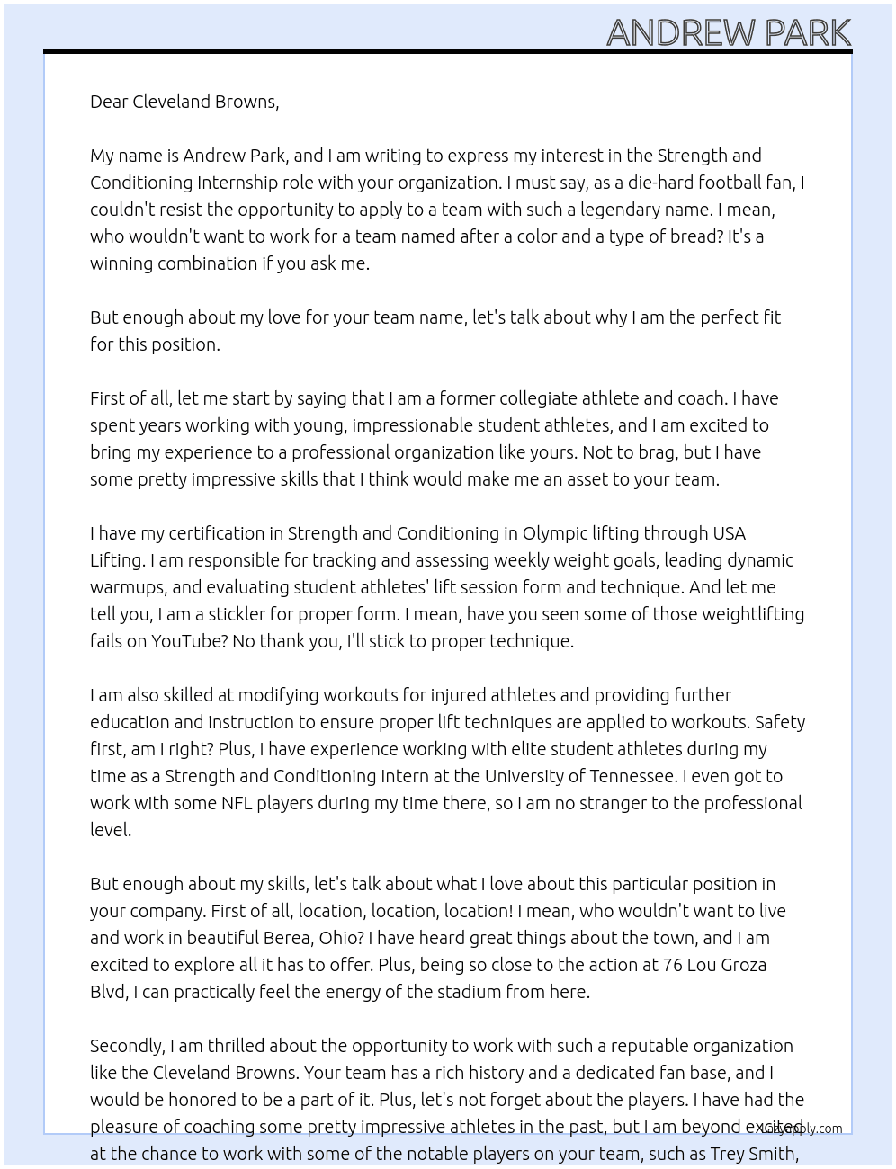 strength and condotioning  At Cleveland Browns Cover Letter