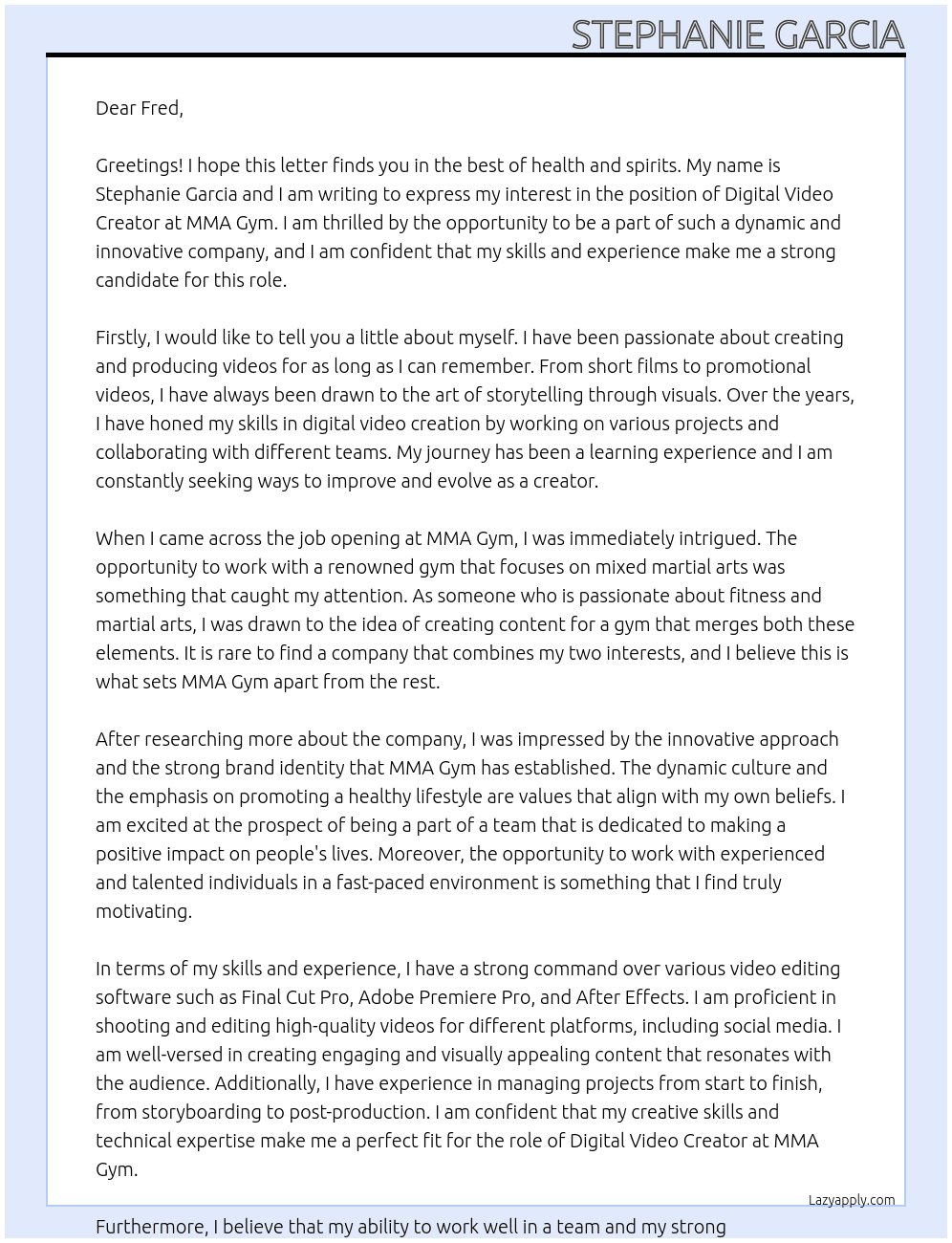 digital video creator   At MMA Gym Cover Letter