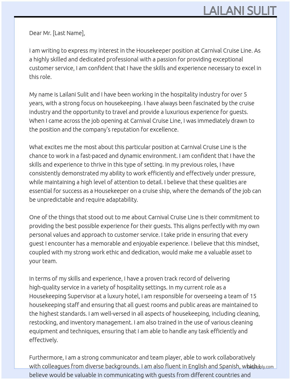 Housekeeper At Carnival Cruise Line Cover Letter