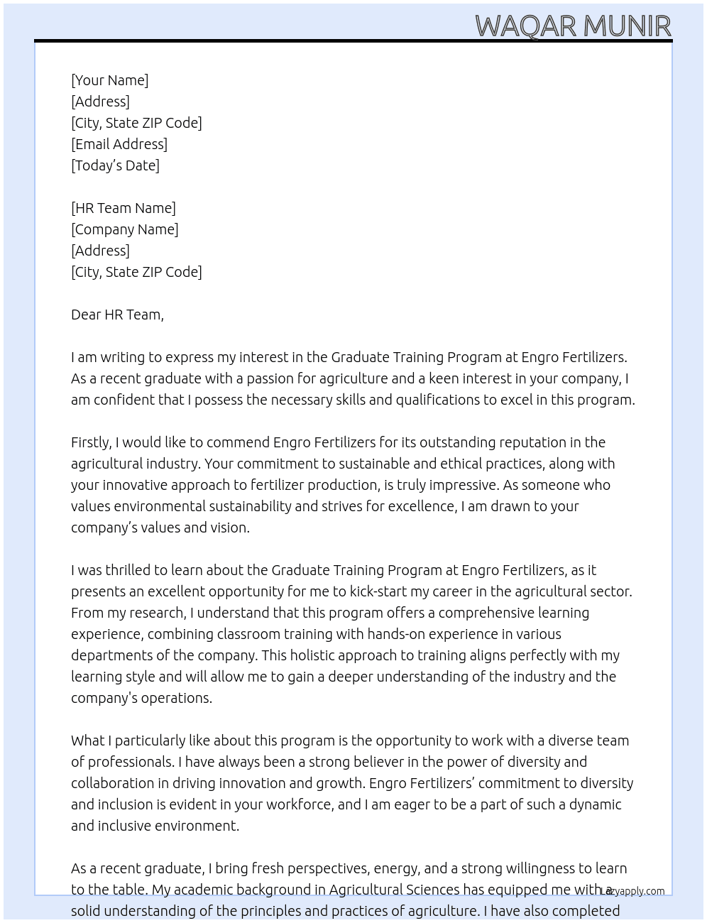 Graduate training programe At Engro Fertilizer Cover Letter