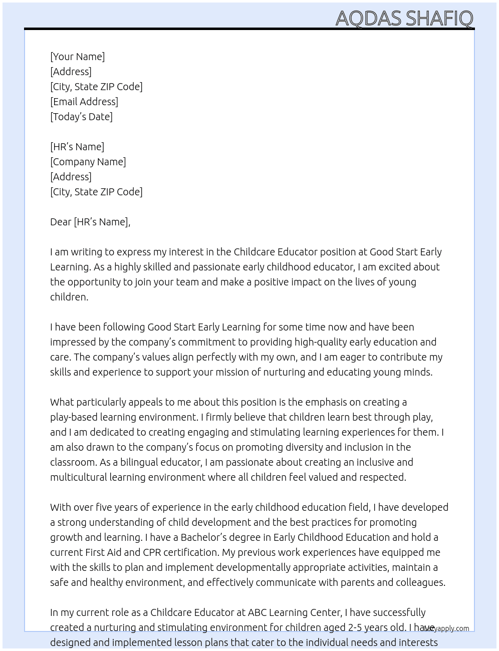 Childcare educator  At Good start early learning  Cover Letter