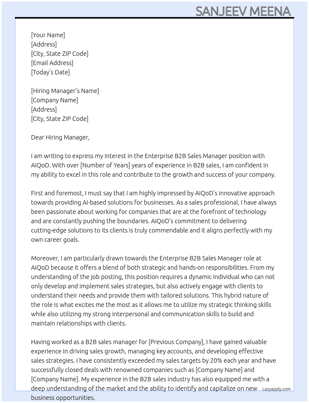 Enterprise B2B Sale's Manager At AiQoD  Cover Letter